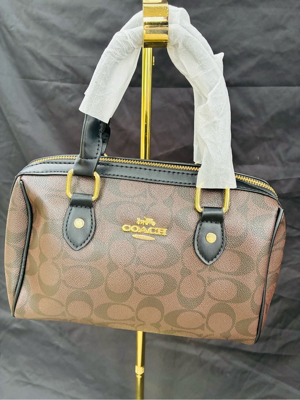 Coach Brown Signature Monogram Satchel with Black Trim